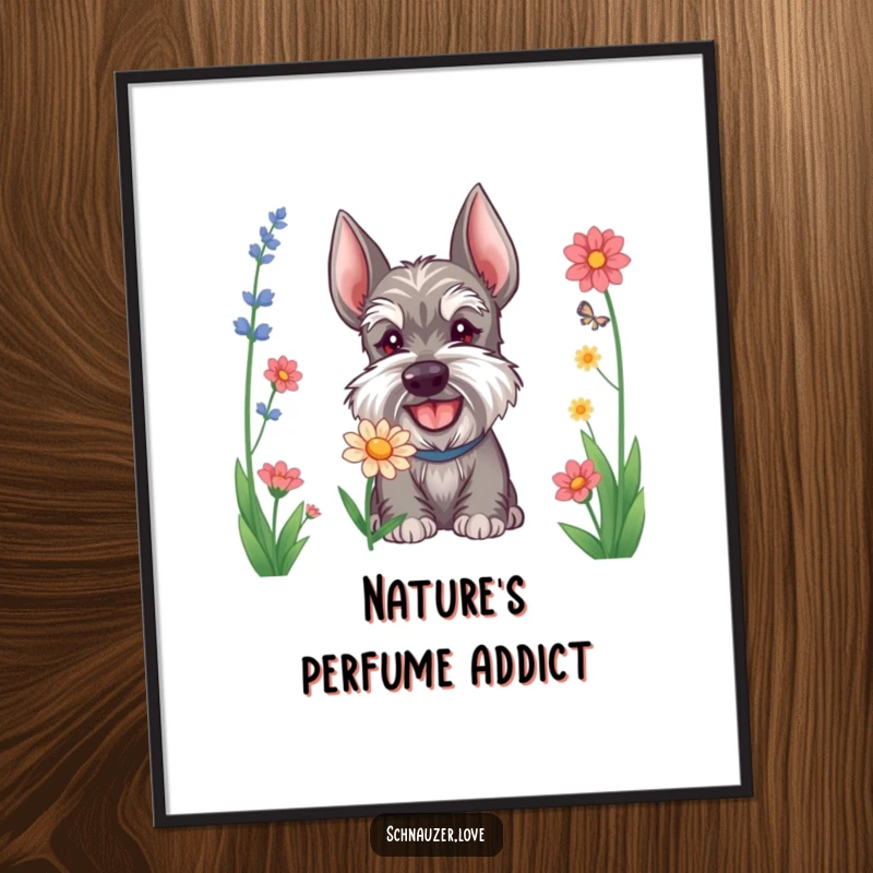 Funny Schnauzer digital art print featuring a happy dog sniffing a flower, perfect for instant download and humorous wall decor.