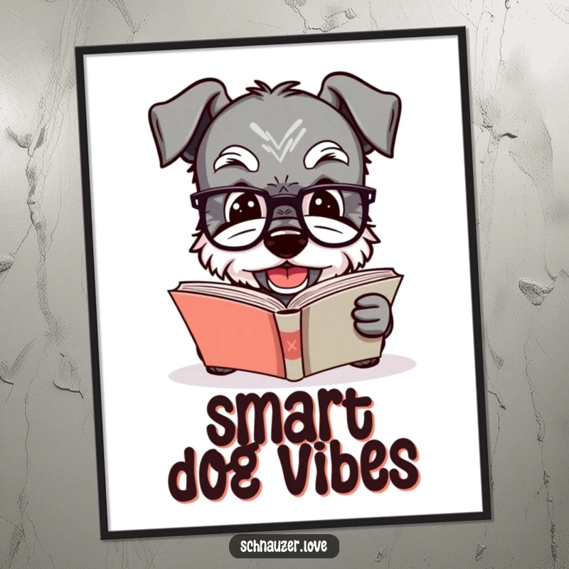 Funny Schnauzer digital art print of a dog in glasses reading a book, offering instant literary humor and charming intellectual appeal for decor.