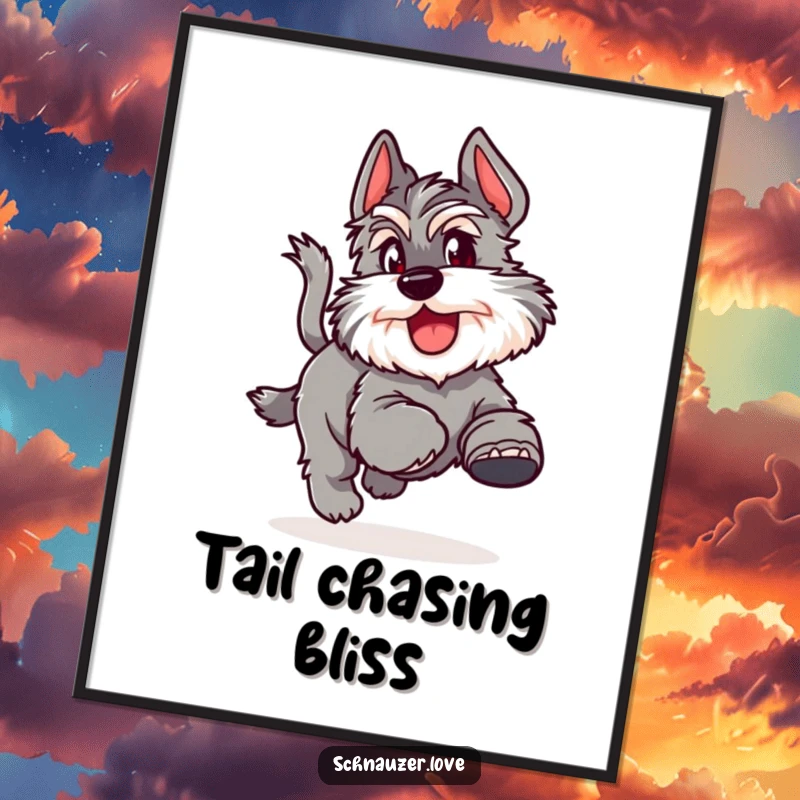 Funny Digital Art Print of a fluffy schnauzer joyfully chasing its tail, embodying pure canine exuberance.