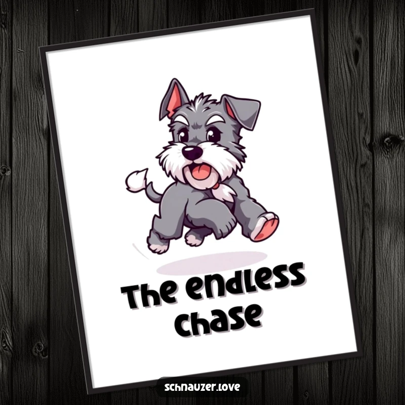 Funny Schnauzer digital art print of a playful dog chasing its tail, offering instant pet-themed humor and canine energy for your decor.