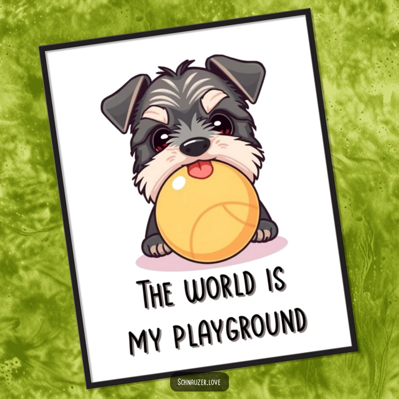 Funny Schnauzer digital art print of a curious dog peeking over a ball, tongue slightly out, full of playful charm.