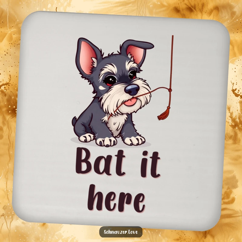 Funny Schnauzer Coasters: Schnauzer with big ears batting at a string, adding humor and protection to tables.