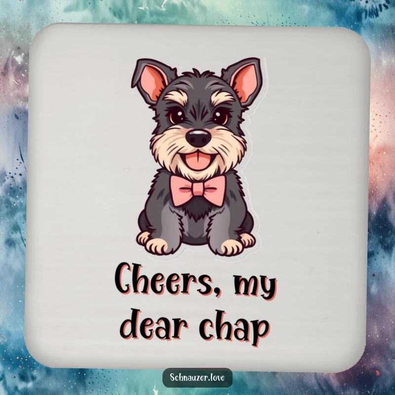 Funny Schnauzer Coaster featuring a smiling dog wearing a miniature bowtie, protecting surfaces with charm and humor.