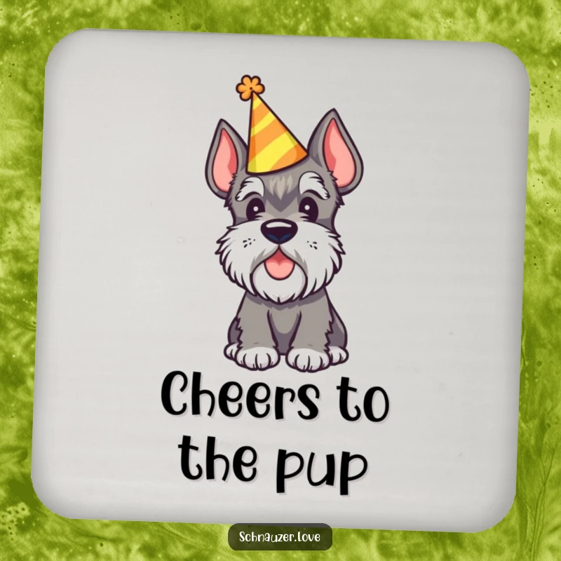 Funny Schnauzer Coasters showing a schnauzer wearing a party hat and tilting its head, adding festive humor to tables.