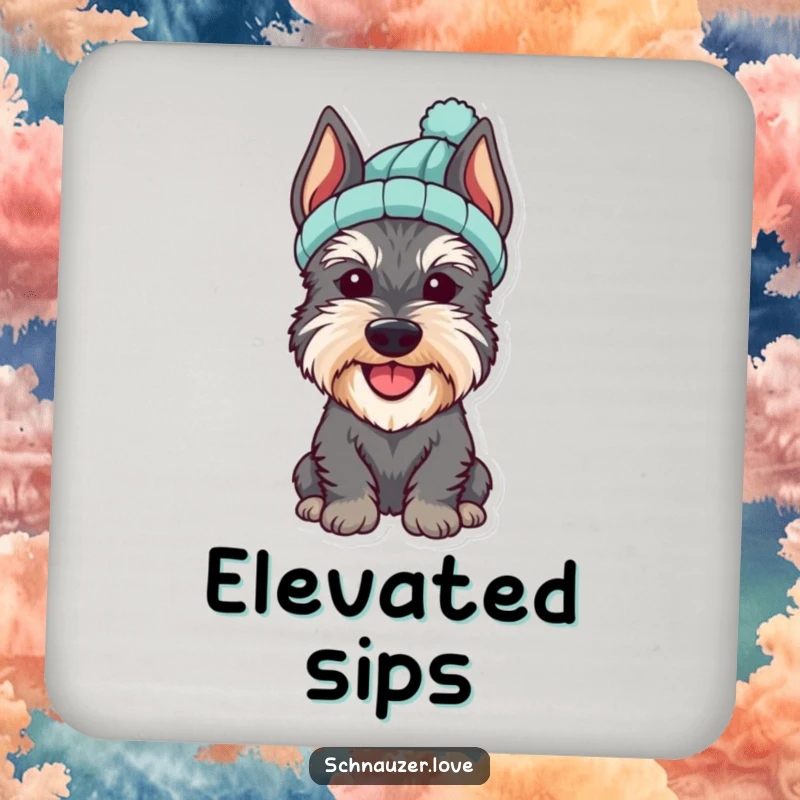 Funny Schnauzer Coaster of a cheerful dog wearing a small knitted hat, adding a cute and humorous touch.