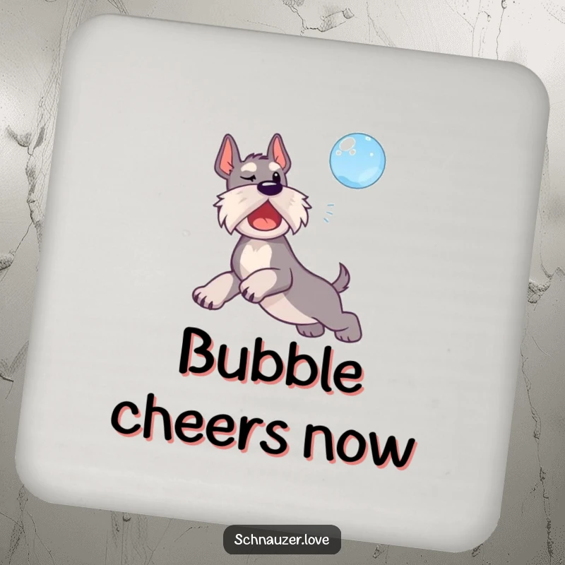 Funny drink coaster with a schnauzer dog leaping mid-air to catch a floating bubble.