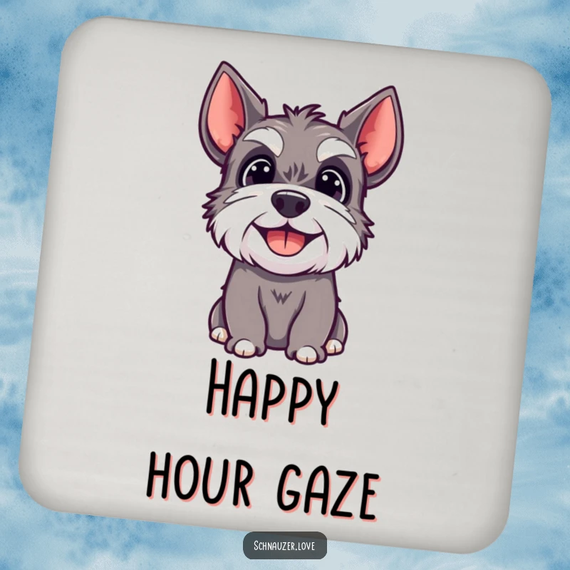 Funny drink coaster with a happy schnauzer dog looking upwards with a joyful expression.