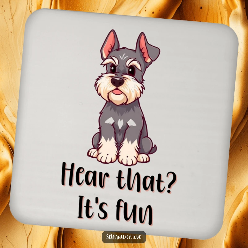 Funny Schnauzer Coasters display a dog with a perked ear, listening intently, protecting furniture with humorous and charming canine imagery.