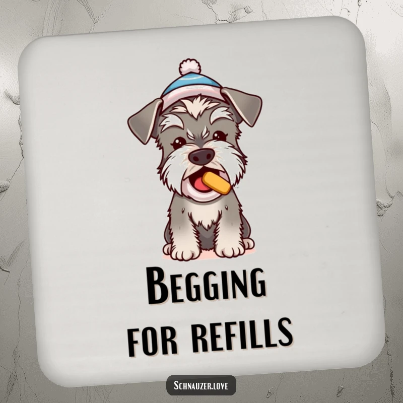 Funny Schnauzer coasters, a cute dog in a tiny hat begging for a treat, protective and humorous table accessory.