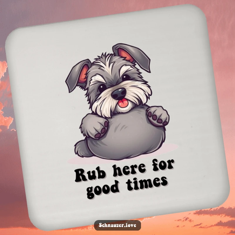 Funny Schnauzer Coasters display a dog rolling over for belly rubs, protecting furniture with a humorous and endearing canine image.