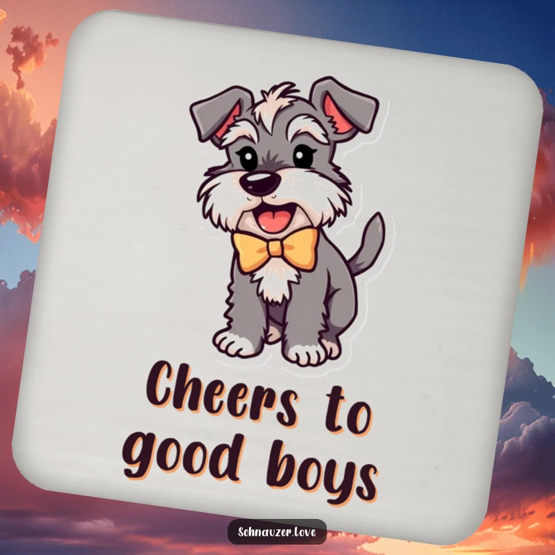 Funny Schnauzer Coaster Set: Features an excited schnauzer in a bow, wagging its tail, protecting surfaces with humor.