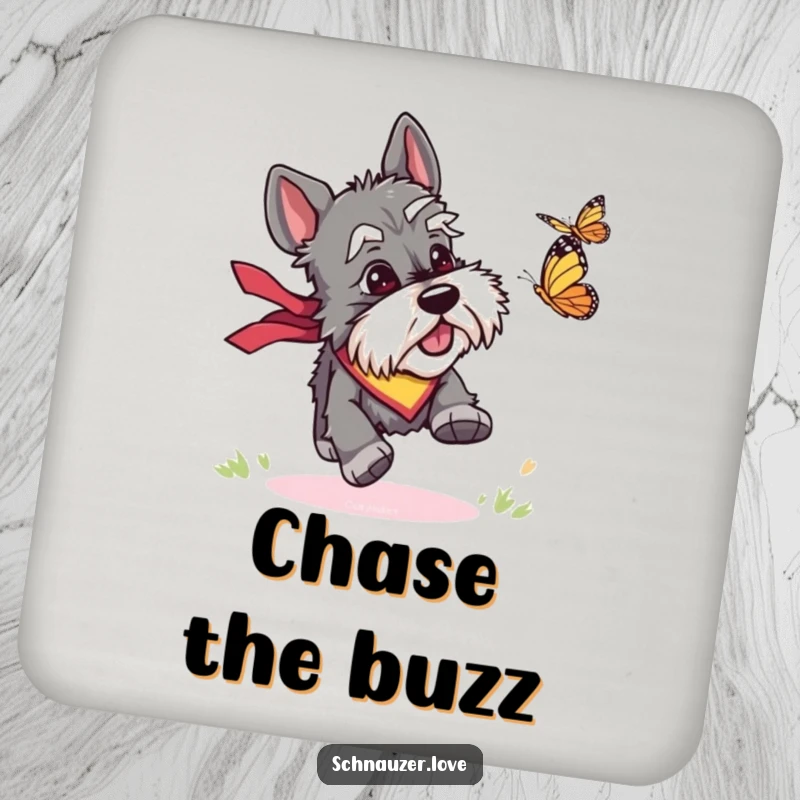 Funny drink coasters featuring a schnauzer in a bandana chasing a butterfly, providing humorous protection for surfaces during gatherings.