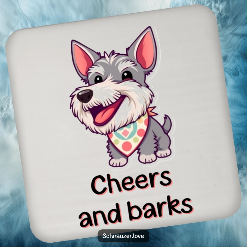 Funny Coaster: A schnauzer wearing a patterned bandana barks with excitement, offering humorous surface protection for drinks.