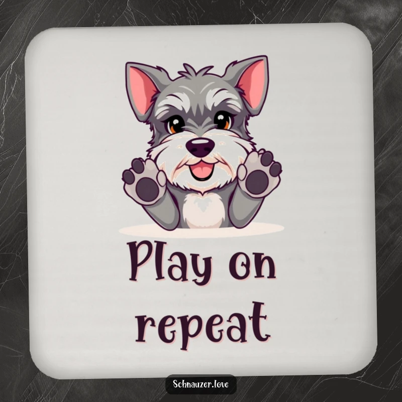 Funny Schnauzer coaster depicting a cute schnauzer with paws extended, ready for playtime, protecting surfaces.