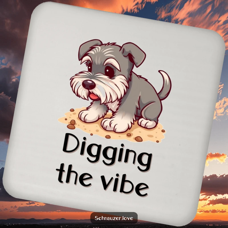 Funny Schnauzer Coaster: A happy schnauzer with a wagging tail digging in soft soil, protecting surfaces with charm.