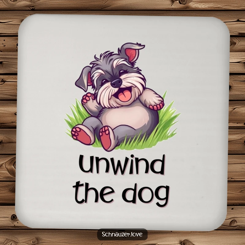 Funny Schnauzer Coaster featuring a happy dog rolling on its back in soft green grass, adding a humorous touch to tabletops.