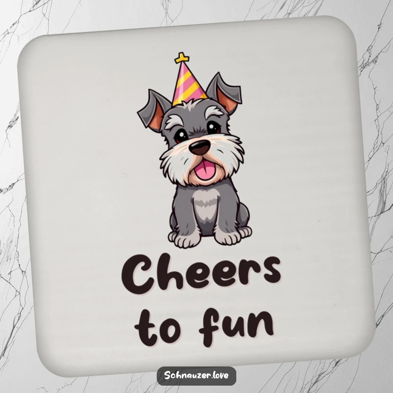 Funny drink coaster illustration of a schnauzer character in a party hat, tilting its head curiously, a festive addition.