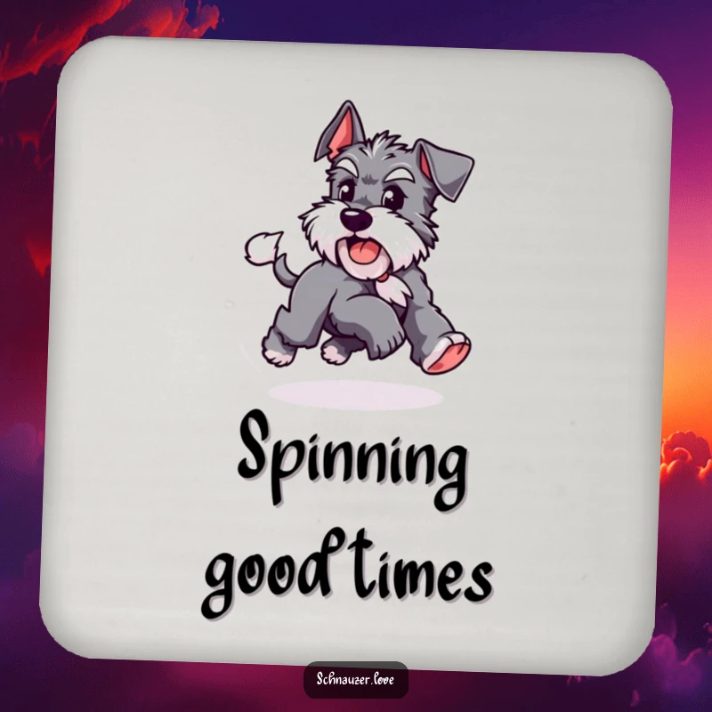 Funny Schnauzer coaster featuring a playful dog chasing its tail, protecting surfaces with canine energy and a dose of lighthearted humor.
