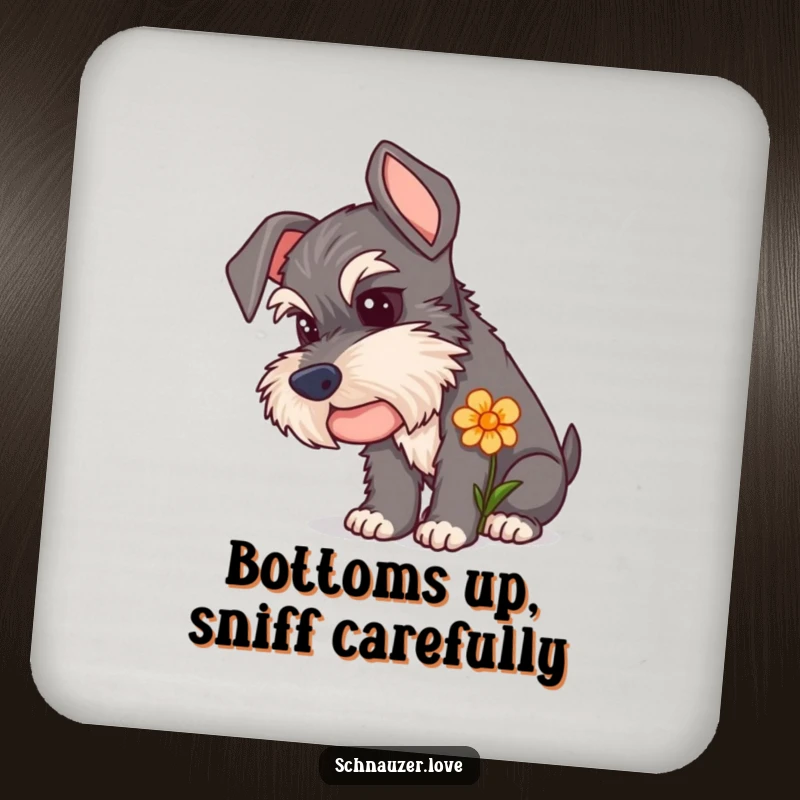 Funny Schnauzer Coaster featuring a curious dog sniffing a flower, protecting surfaces with gentle charm and natural beauty.