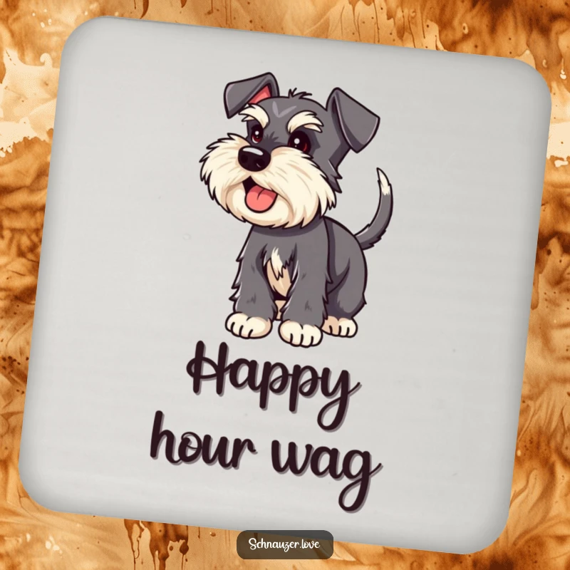 Funny Schnauzer coasters featuring an excited schnauzer with a wagging tail, protecting surfaces humorously.