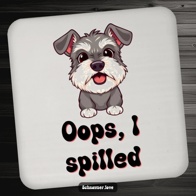 Funny Schnauzer Coaster of a surprised dog with its mouth slightly open, eyes wide, adding a humorous touch.
