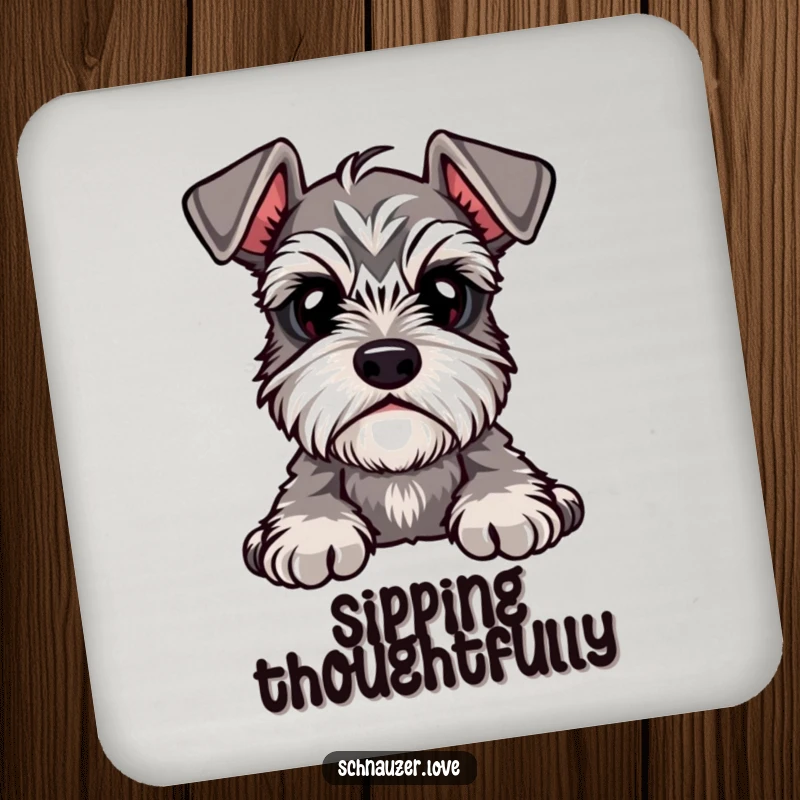 Funny Coaster featuring a cute schnauzer with prominent eyebrows, head tilted in a charming pose of delightful curiosity.