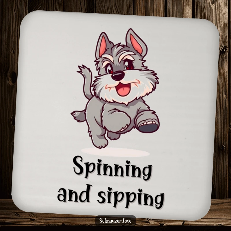 Funny Drink Coaster featuring a fluffy schnauzer joyfully chasing its tail, perfect for a touch of canine whimsy.