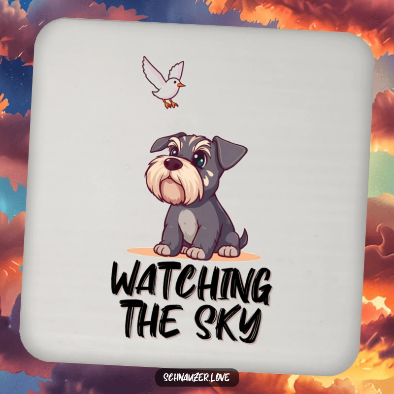 Funny Schnauzer Coasters: A schnauzer with wide eyes watches a bird, showcasing a humorous and protective design for your drinks.