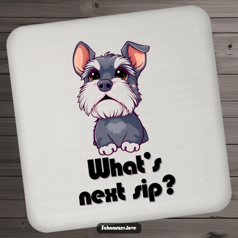Funny schnauzer drink coaster, a fluffy dog with large, curious eyes looking upwards, adding a touch of gentle wonder.