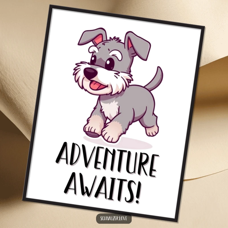 Funny Schnauzer Poster of a happy dog with a wagging tail, running eagerly towards the viewer, conveying excitement.