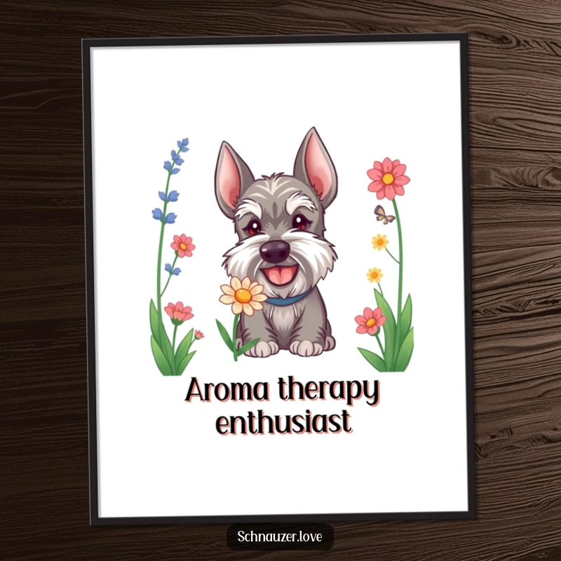 Funny Schnauzer poster depicting a happy dog sniffing a flower, adding a touch of humor and cuteness to any wall decor.