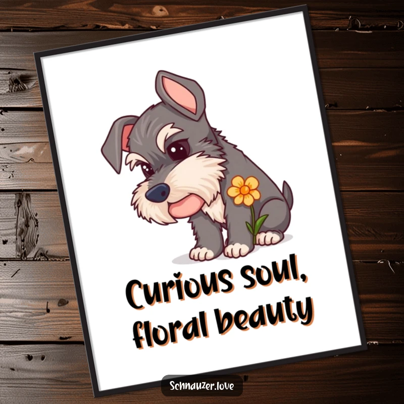Funny Schnauzer Poster featuring a curious dog sniffing a flower, capturing a serene moment of gentle exploration and natural beauty.