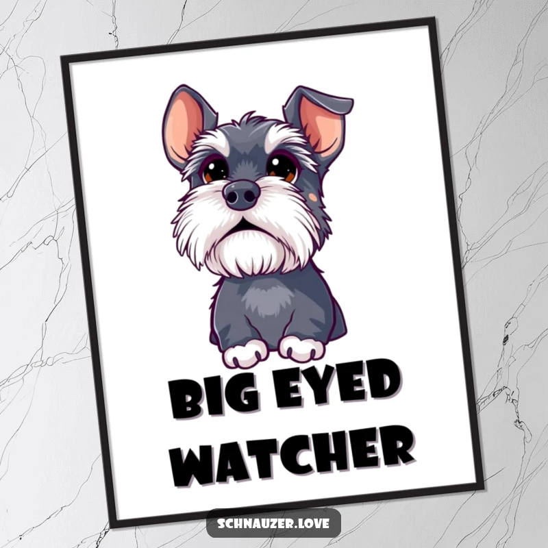 Funny schnauzer poster, an illustration of a fluffy dog with oversized, expressive eyes looking upwards, capturing pure, innocent curiosity.