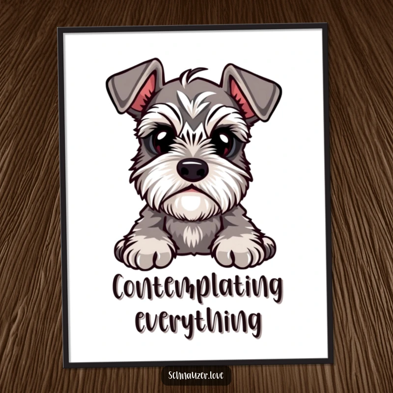 Funny Poster of a cute schnauzer with prominent eyebrows, head tilted in an endearing pose of curiosity and wonder.