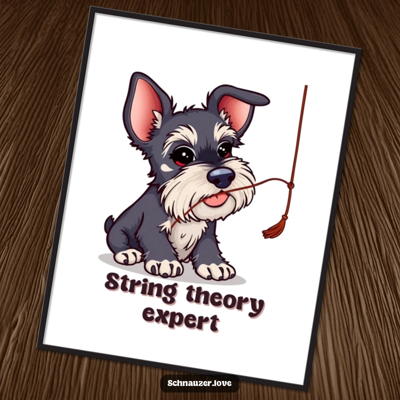 Funny Schnauzer Poster: Schnauzer with oversized ears comically batting at a dangling string, full of playful energy.