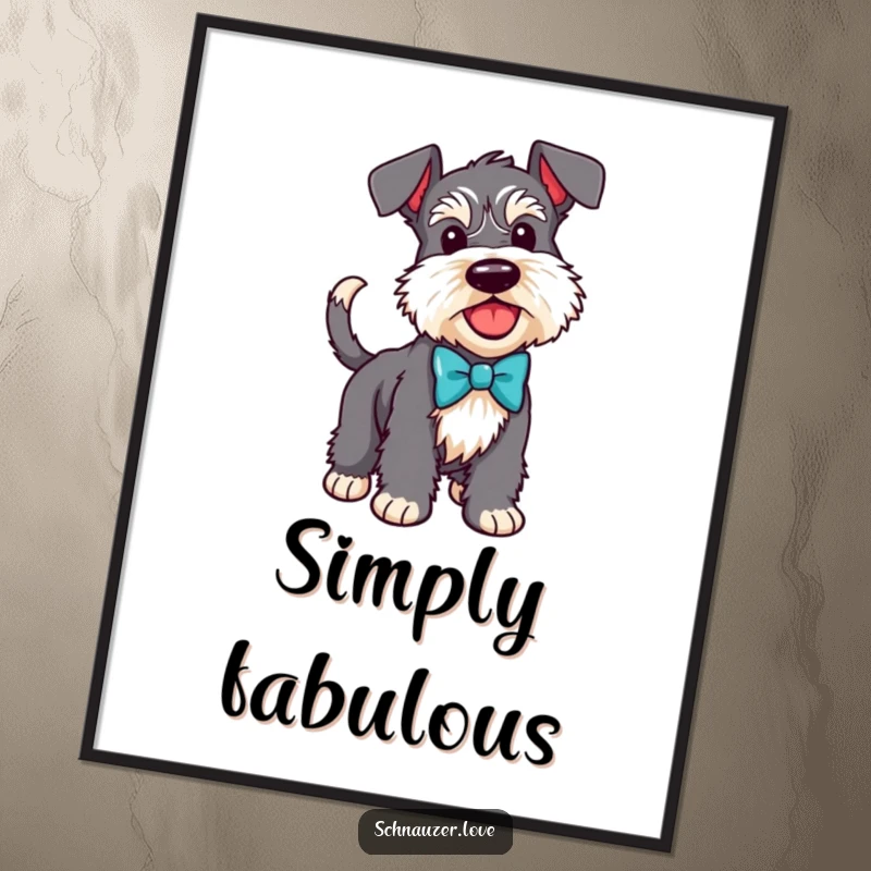 Funny Schnauzer poster print of a happy dog in a bow tie with a wagging tail, exuding charm and happiness.
