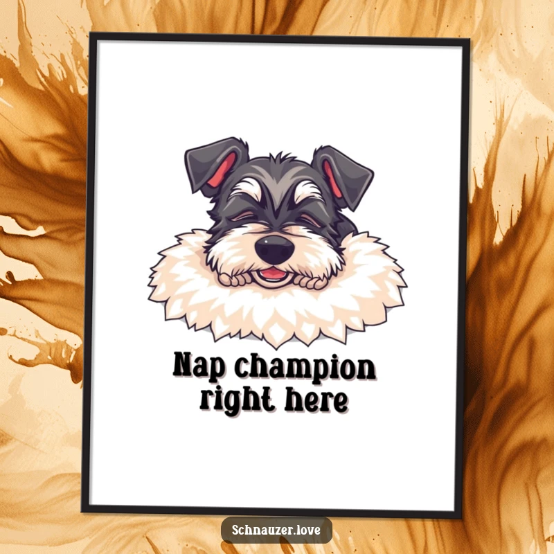 Funny Schnauzer Poster: A content schnauzer dog with a happy smile sleeps soundly on a fluffy rug, bringing humor to your decor.