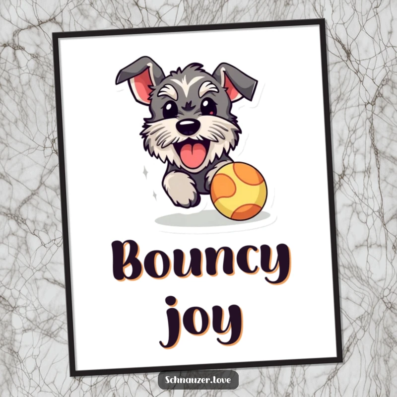 Funny schnauzer poster, an illustration of a happy fluffy dog with its tongue lolling out, chasing a bouncy ball with great enthusiasm.