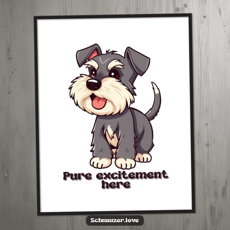 Funny Schnauzer poster illustrating an excited schnauzer with a happy, wagging tail, perfect wall art.
