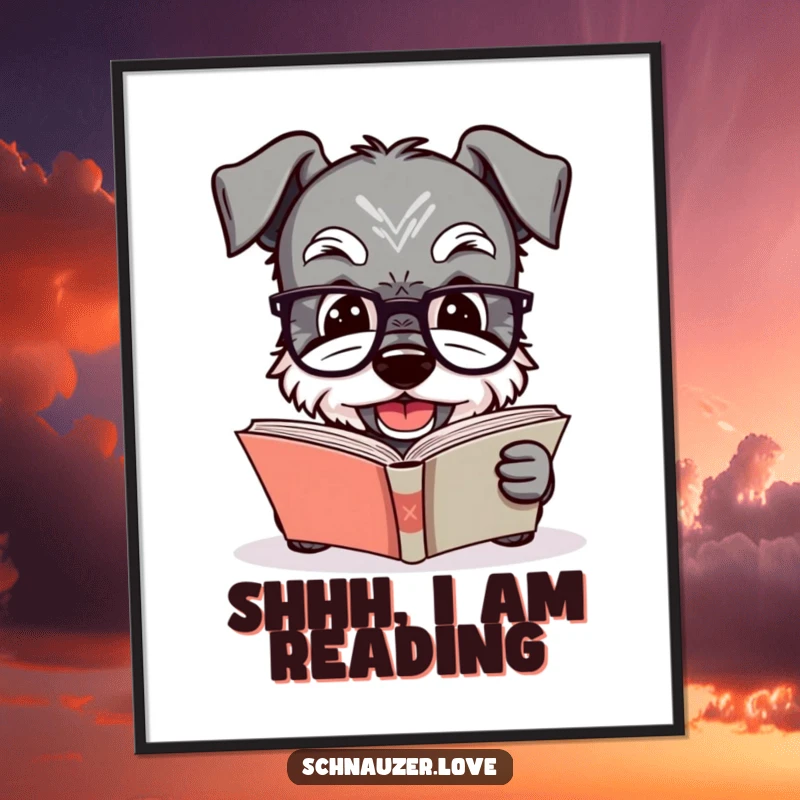 Funny Schnauzer poster of a dog wearing glasses and reading a book, bringing a scholarly yet humorous vibe to wall decor for book lovers.