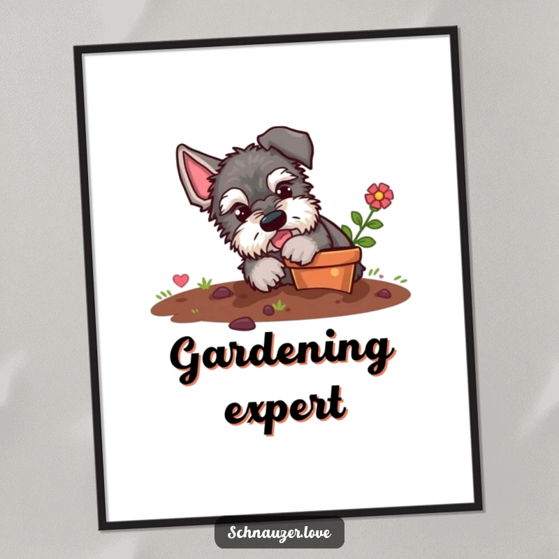 Funny schnauzer poster, an illustration of a fluffy dog joyfully digging in a small flower pot, dirt flying, embodying playful mischief.
