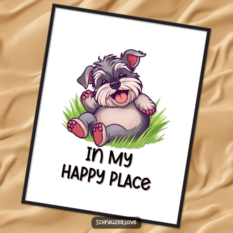 Funny Schnauzer Poster of a delighted dog rolling with abandon on its back in soft green grass, capturing a moment of pure bliss.