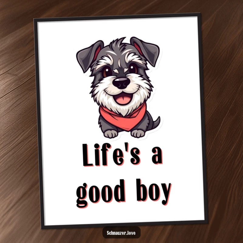 Funny Schnauzer Poster: An eager, smiling schnauzer wearing a bandana, perfect humorous wall art for schnauzer fans.