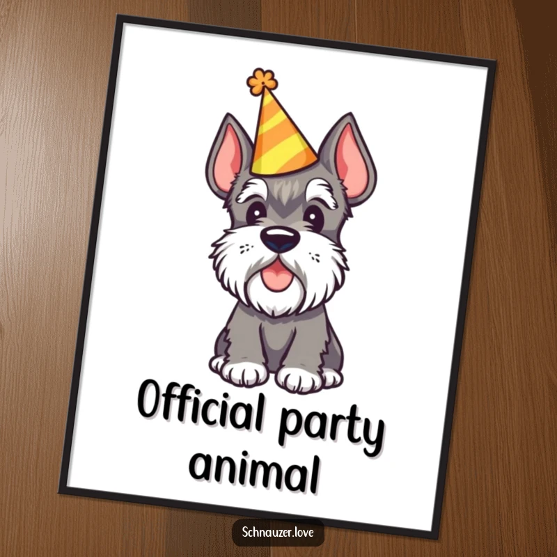 Funny Schnauzer Poster showing a schnauzer wearing a party hat and tilting its head curiously, a piece of festive wall art.