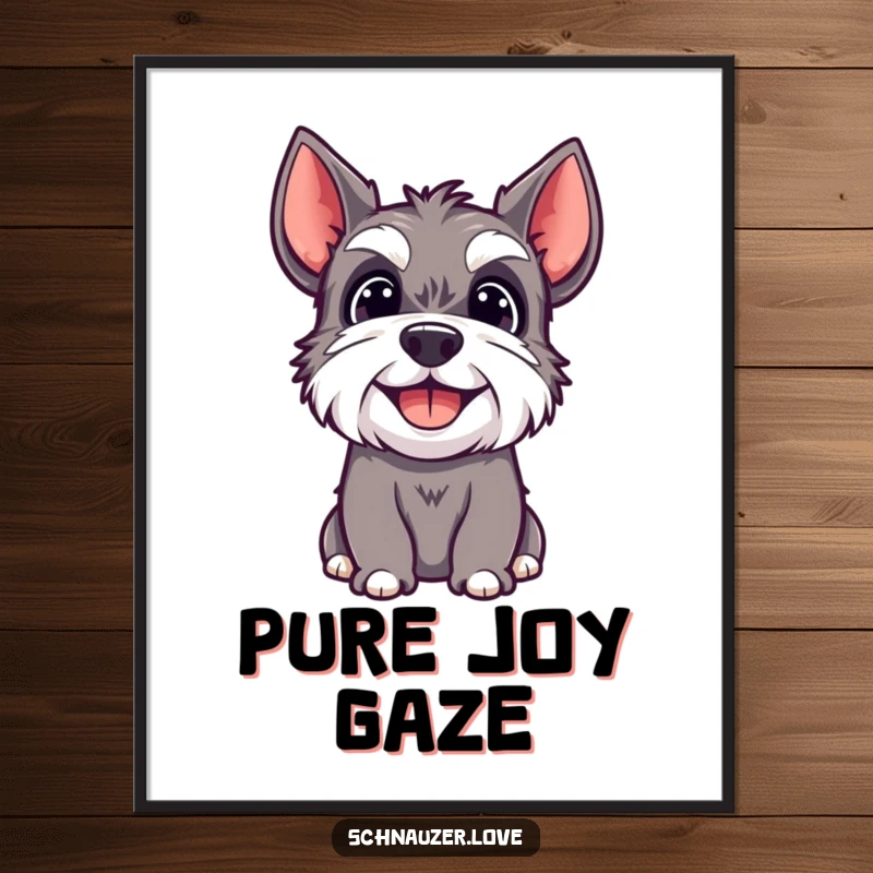 Funny poster of a cute schnauzer dog with a big happy expression, looking upwards with adoring eyes.