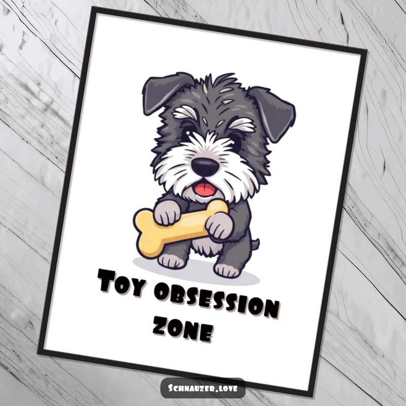 Funny Schnauzer Poster: A fluffy schnauzer mid-air, comically grabbing a bone toy, full of humorous energy.