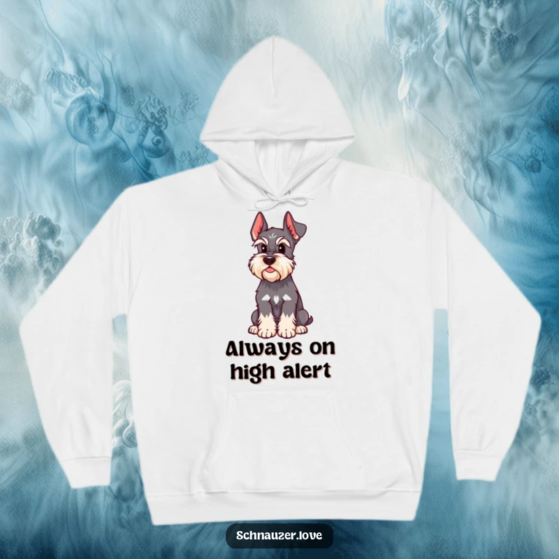 Funny Schnauzer Hoodie shows a dog sitting alert, one ear perked, ready to listen, combining warmth with humorous canine charm.