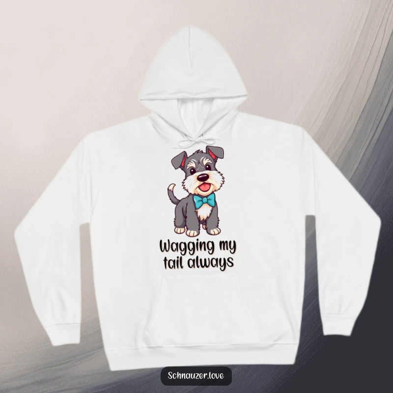 Funny Schnauzer hoodie showing a happy dog in a bow tie with a wagging tail, perfect for cozy, stylish wear.
