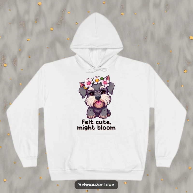 Funny Schnauzer Hoodie: A cute dog with a flower crown, playfully shaking its head. A warm and humorous wearable for schnauzer fans.