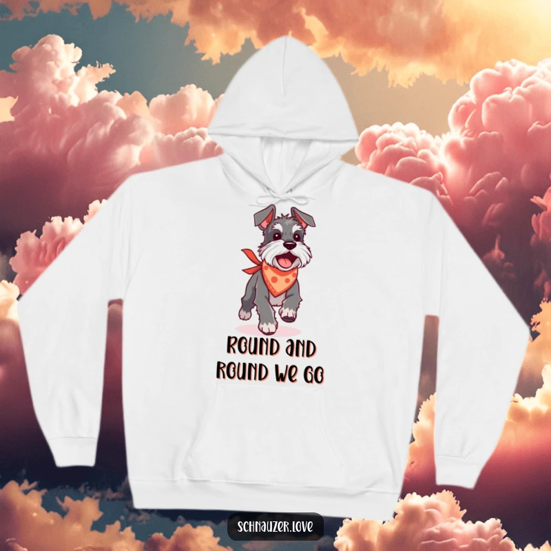 Funny Schnauzer hoodie showing a silly dog in a bandana chasing its tail, perfect for cozy, humorous wear.